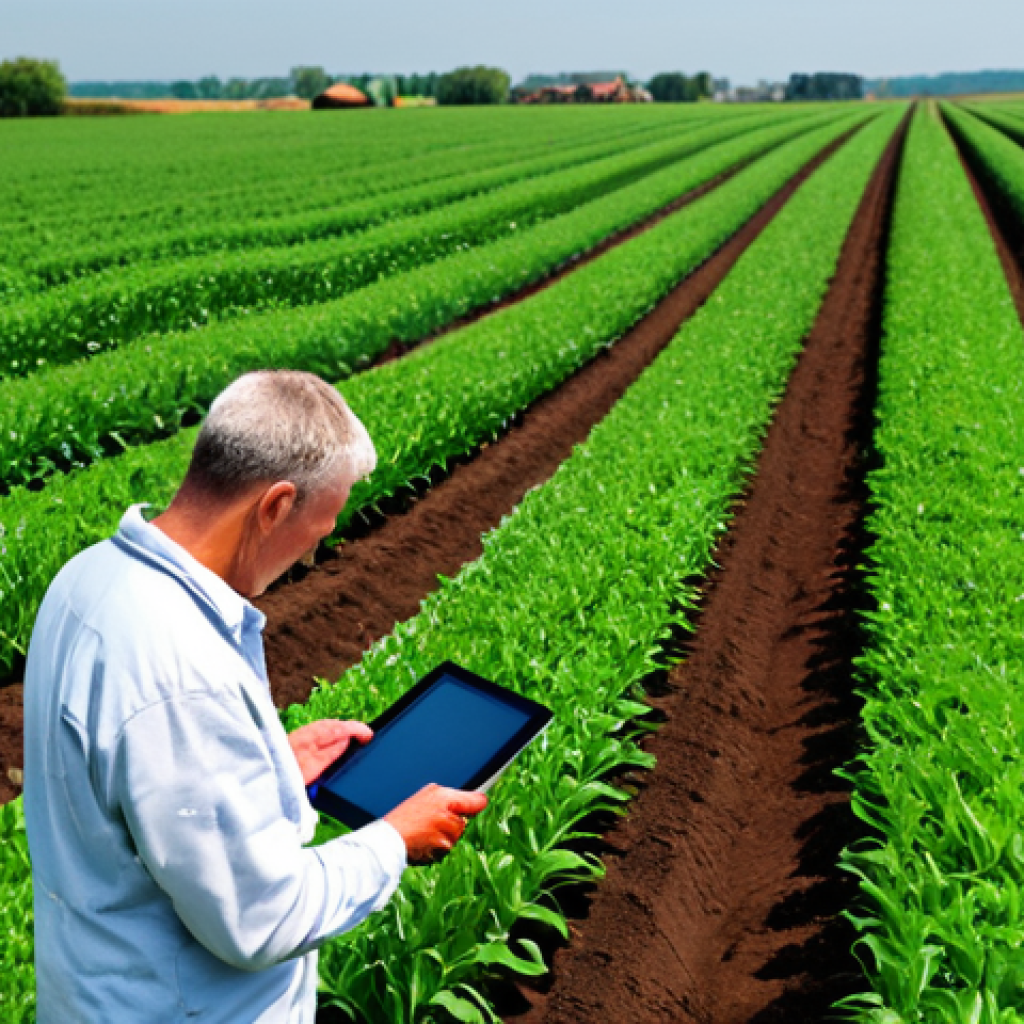 Precision Agriculture**
"A farmer using a tablet in a lush green field, rows of crops stretching into the distance, sensors monitoring soil conditions, fully clothed, appropriate attire, safe for work, professional, showcasing technology integration in farming, natural lighting, perfect anatomy, correct proportions, well-formed hands, family-friendly, high-resolution, realistic style."
**