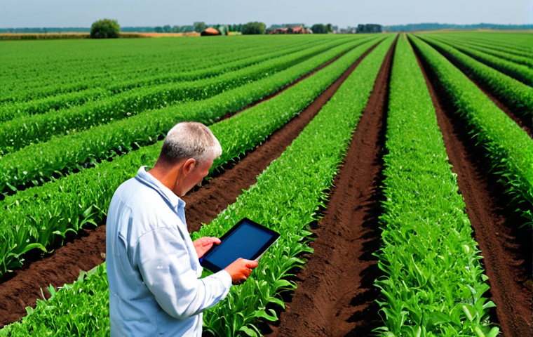 Precision Agriculture**
"A farmer using a tablet in a lush green field, rows of crops stretching into the distance, sensors monitoring soil conditions, fully clothed, appropriate attire, safe for work, professional, showcasing technology integration in farming, natural lighting, perfect anatomy, correct proportions, well-formed hands, family-friendly, high-resolution, realistic style."
**