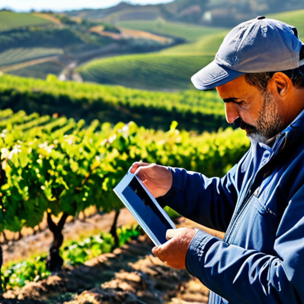Smart Agriculture in Portugal**
A modern Portuguese farmer using a tablet in a vineyard, monitoring LoRaWAN-connected soil moisture sensors, fully clothed in appropriate attire for fieldwork. Rolling hills and a traditional quinta in the background. Focus on the technology and the beauty of the Portuguese landscape. Perfect anatomy, correct proportions, natural pose, professional photography, high quality, safe for work, appropriate content, fully clothed, professional.
**
