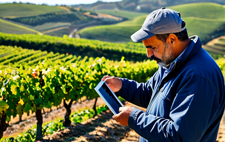 Smart Agriculture in Portugal**
A modern Portuguese farmer using a tablet in a vineyard, monitoring LoRaWAN-connected soil moisture sensors, fully clothed in appropriate attire for fieldwork. Rolling hills and a traditional quinta in the background. Focus on the technology and the beauty of the Portuguese landscape. Perfect anatomy, correct proportions, natural pose, professional photography, high quality, safe for work, appropriate content, fully clothed, professional.
**
