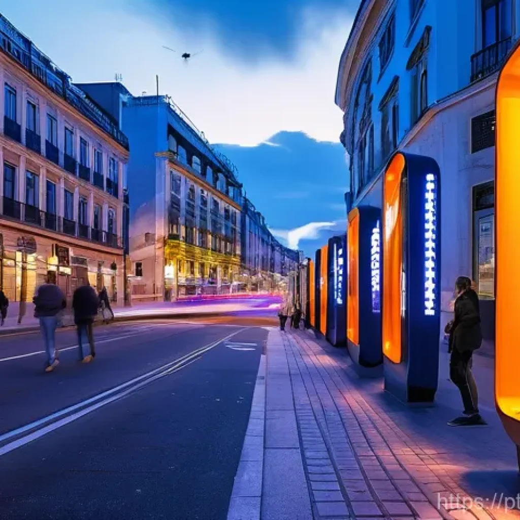 센서 네트워크와 클라우드 컴퓨팅의 통합 - **Smart City Street Scene at Dusk:** A vibrant, bustling smart city street at dusk in Lisbon, Portug...