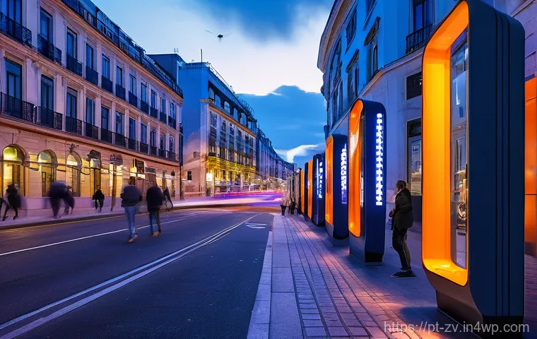 센서 네트워크와 클라우드 컴퓨팅의 통합 - **Smart City Street Scene at Dusk:** A vibrant, bustling smart city street at dusk in Lisbon, Portug...