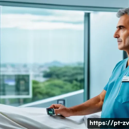 Home 33 지능형 센서 네트워크의 미래 전망 - A modern Brazilian hospital room featuring advanced wearable health devices on a middle-aged male pa...