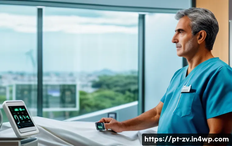 지능형 센서 네트워크의 미래 전망 - A modern Brazilian hospital room featuring advanced wearable health devices on a middle-aged male pa...