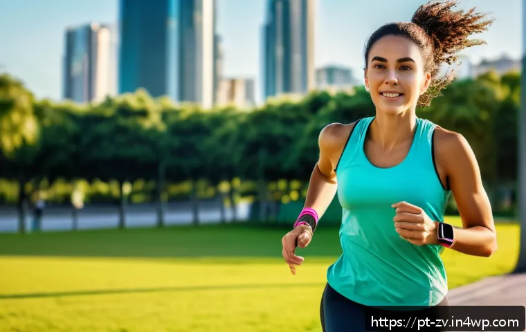 헬스케어 분야의 센서 네트워크 응용 - A modern Brazilian woman jogging in a sunny urban park wearing a stylish smartwatch and fitness trac...