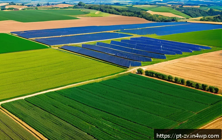 무선 센서 네트워크의 특징과 장점 - A detailed aerial view of a large rural farm landscape equipped with a wireless sensor network: smal...