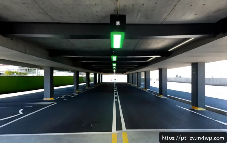 스마트 주차 시스템의 센서 네트워크 활용 - Photorealistic modern smart parking garage in Lisbon, Portugal, wide eye-level view of several clean...
