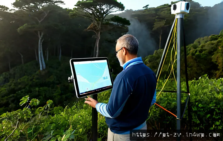 Home 17 센서 네트워크에서의 데이터 시각화 기법 - Photorealistic environmental monitoring station in a lush Portuguese coastal forest, a field enginee...