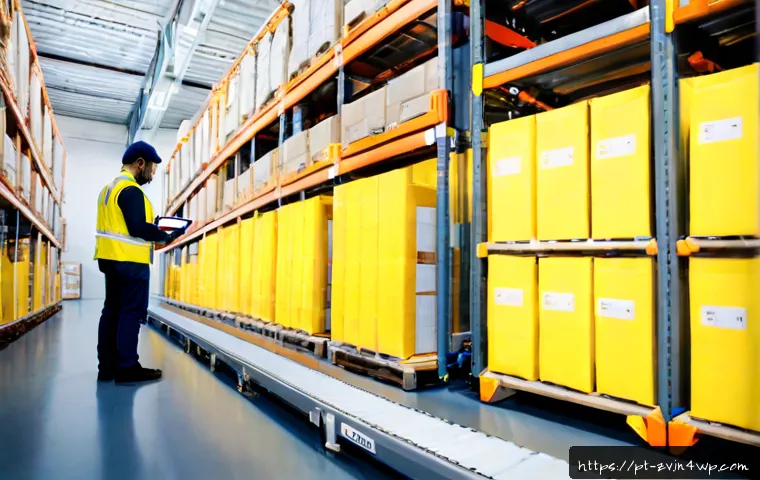 Home 17 스마트 물류 시스템에서의 센서 네트워크 활용 - Photorealistic smart logistics warehouse in Portugal, wide eye-level view of autonomous mobile robot...